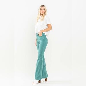 Judy Blue Fall Vibes Garment Dyed green raw edge flare jeans